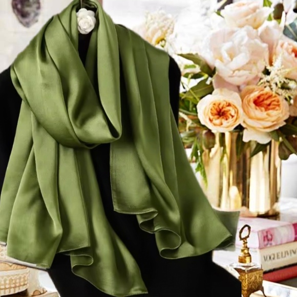 Luxury Olive Green 100% SILK SATIN Large Shawl Scarf Wrap Wedding CoverUp - Picture 1 of 7